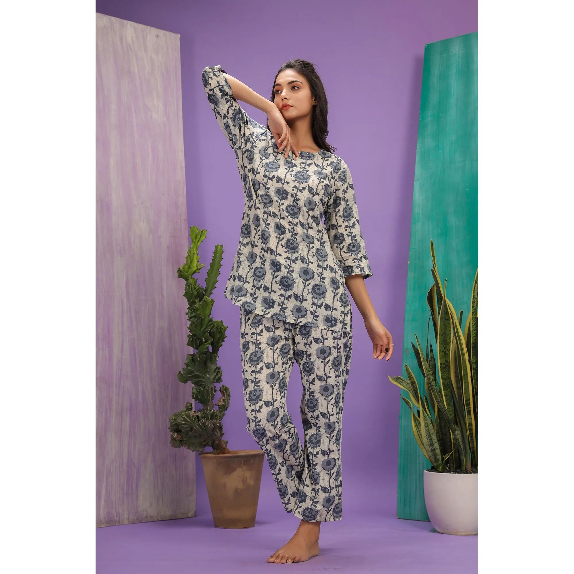 Floral Twines on Off-white Loungewear Top Set