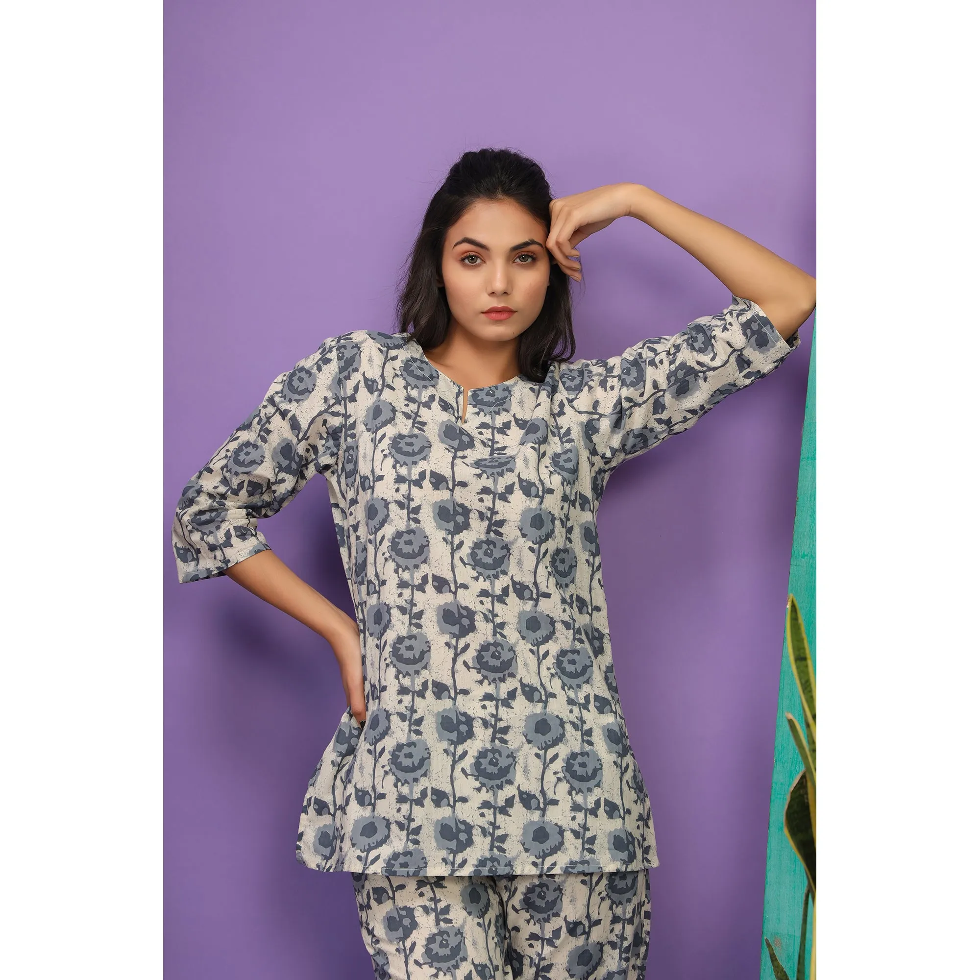 Floral Twines on Off-white Loungewear Top Set