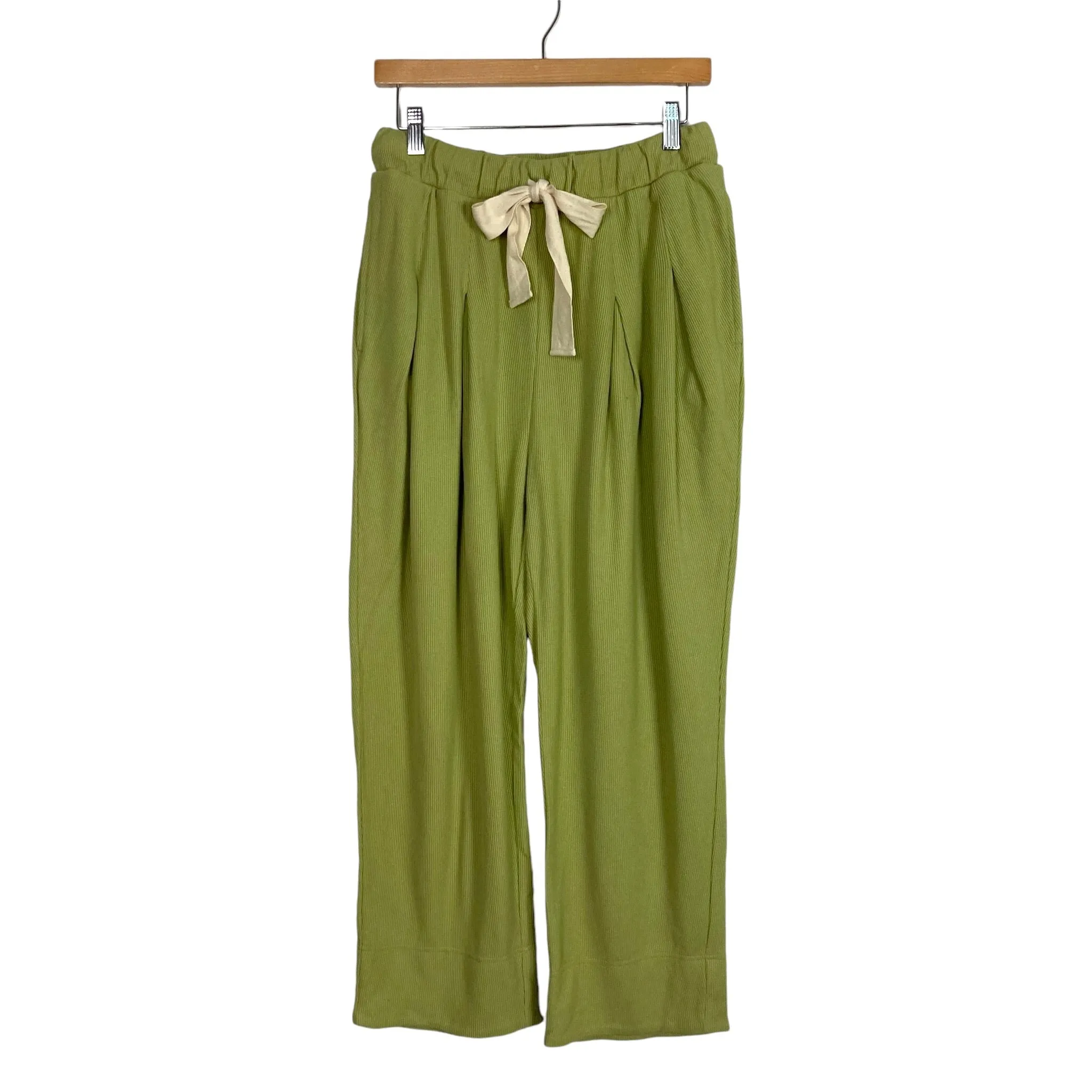 Free People Green Textured Knit Pleated Drawstring Lounge Pants- Size S