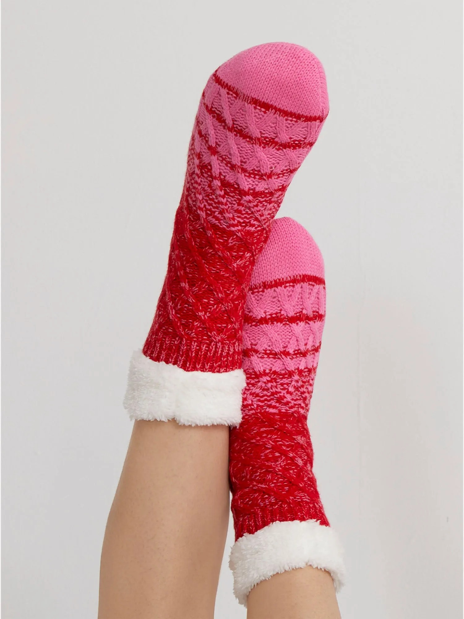 Fur Cuffs Cable Knit Slipper Socks