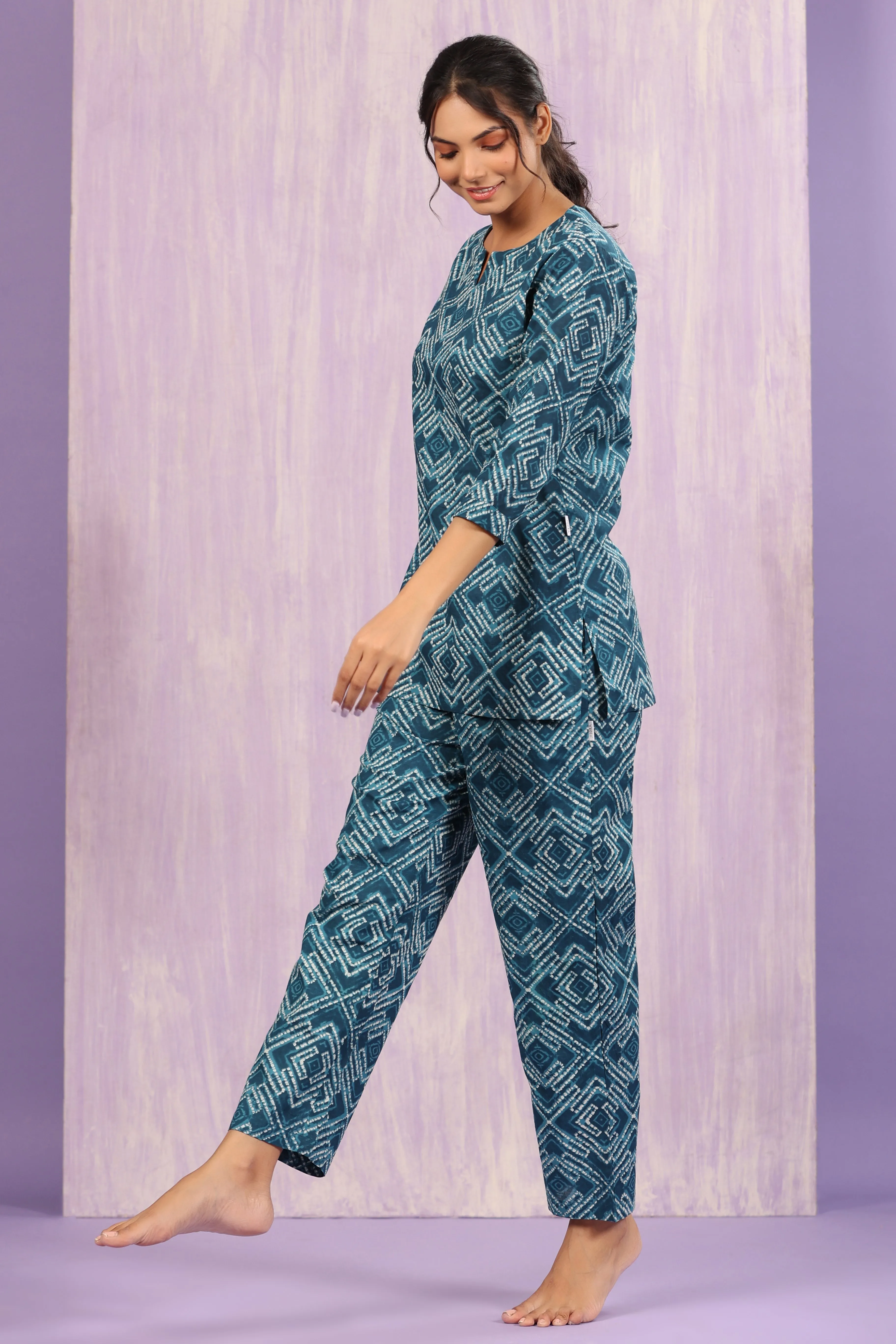 Geometrical Shibori on Indigo Loungewear Top Set