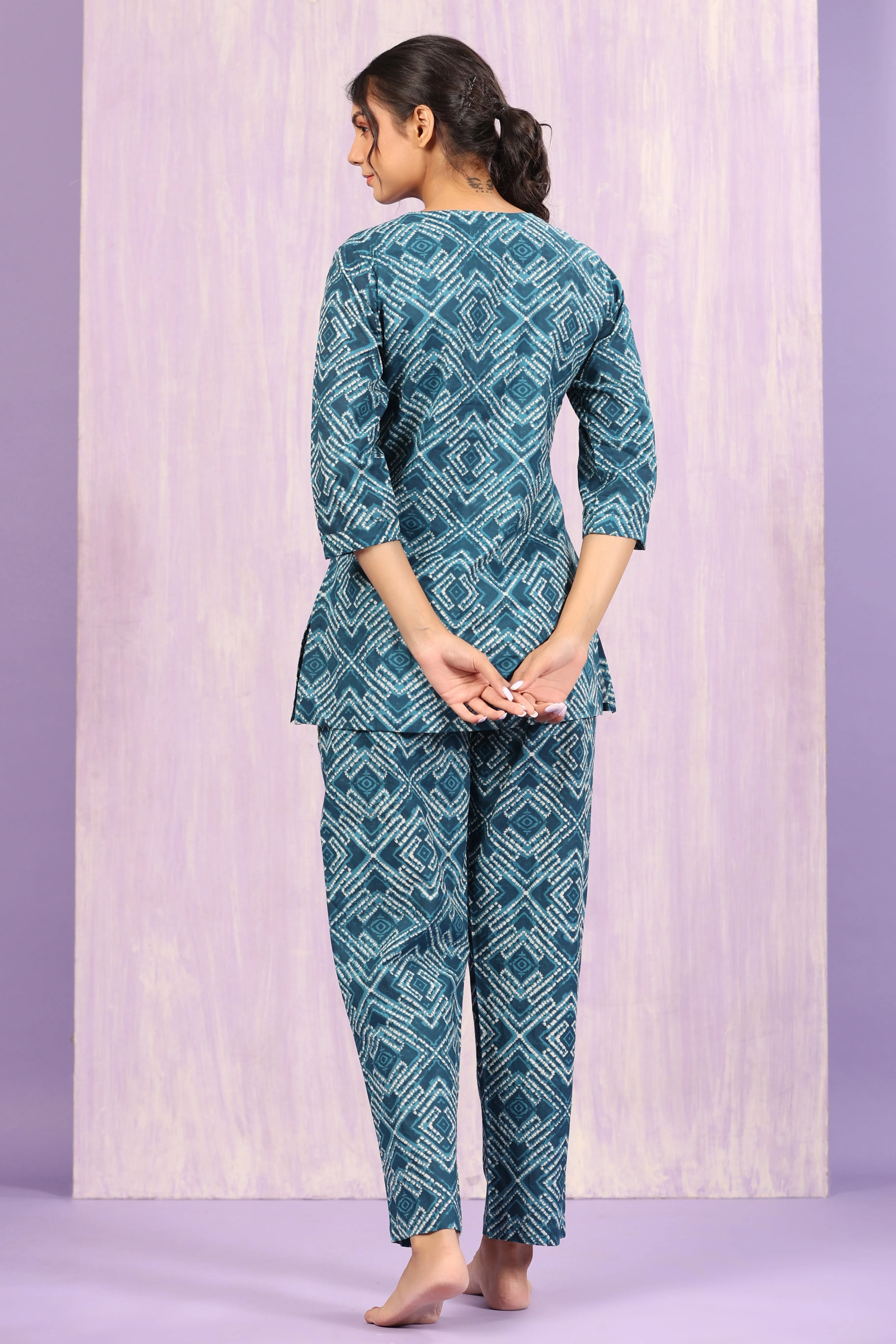 Geometrical Shibori on Indigo Loungewear Top Set