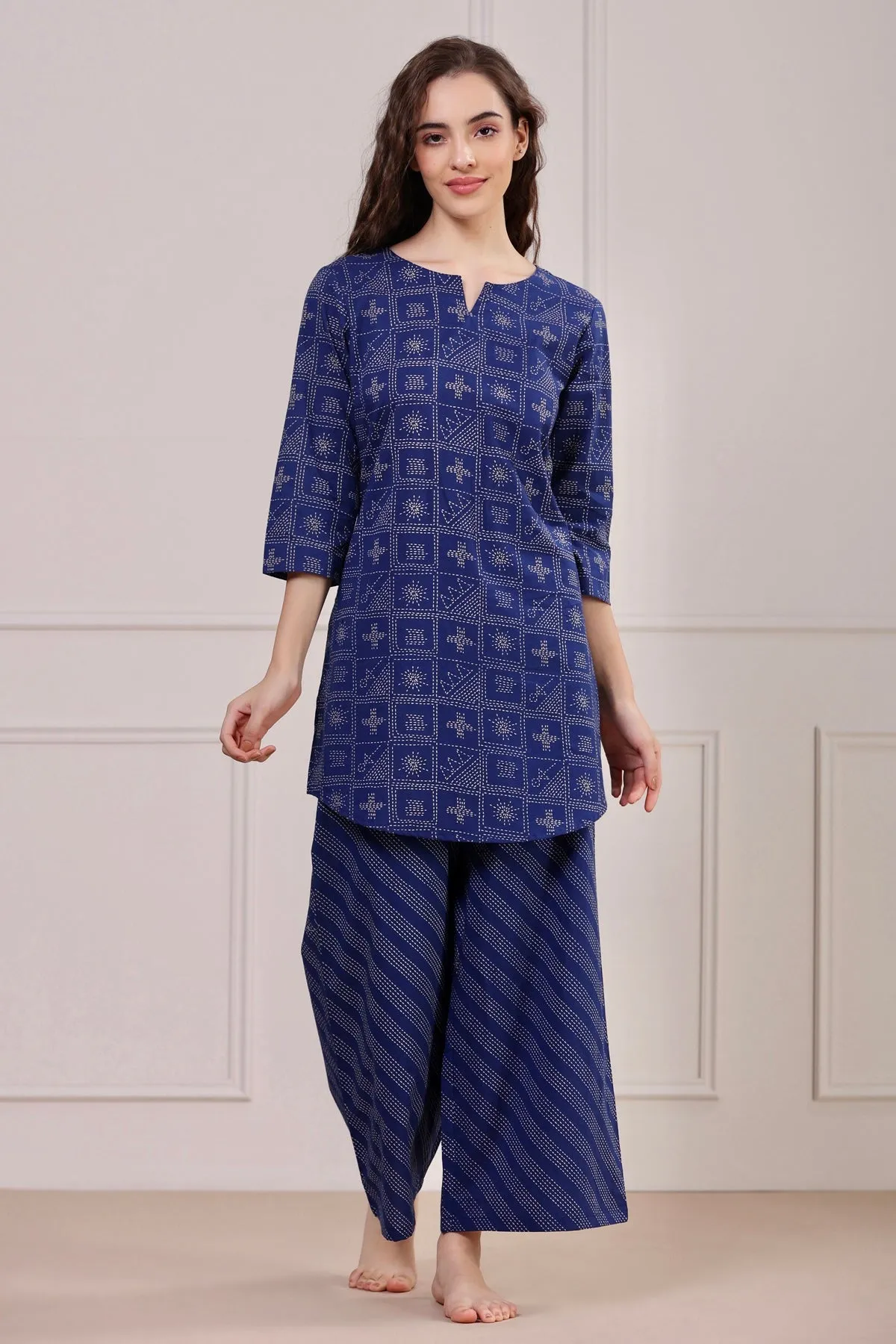 Geometrical Weaves on Blue Loungewear Top Set