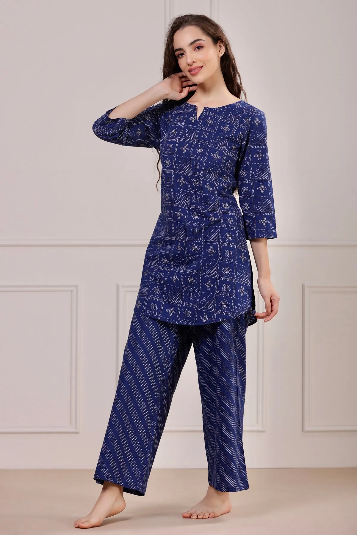 Geometrical Weaves on Blue Loungewear Top Set