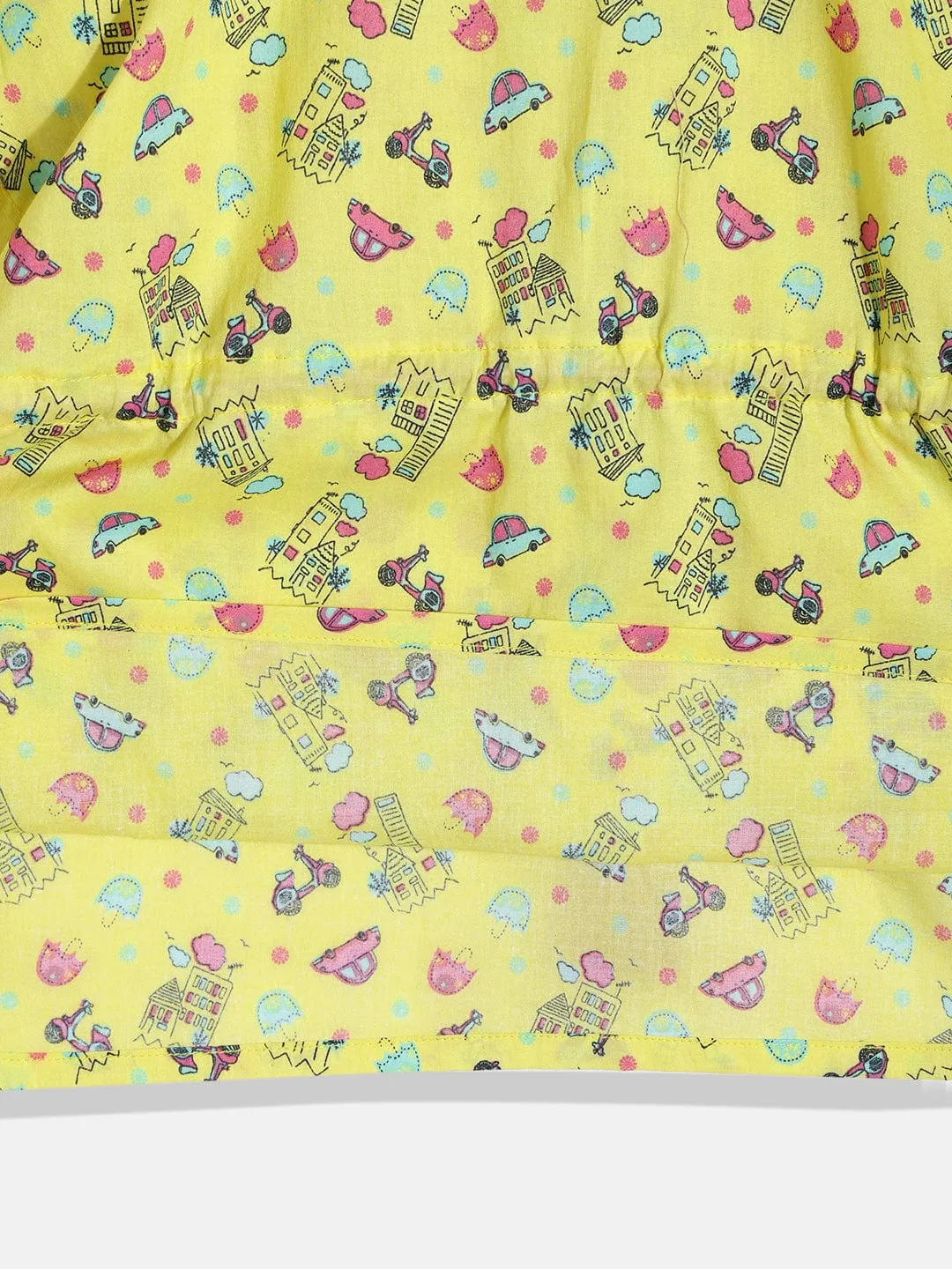 Girls Cute Yellow Conversational Kaftan Pyjama Set