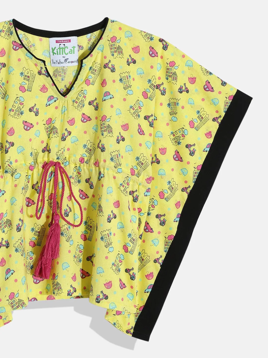 Girls Cute Yellow Conversational Kaftan Pyjama Set