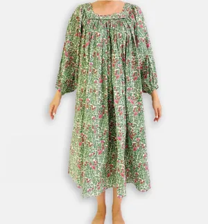 Green & Pink Bird Puff Sleeve Long Dress