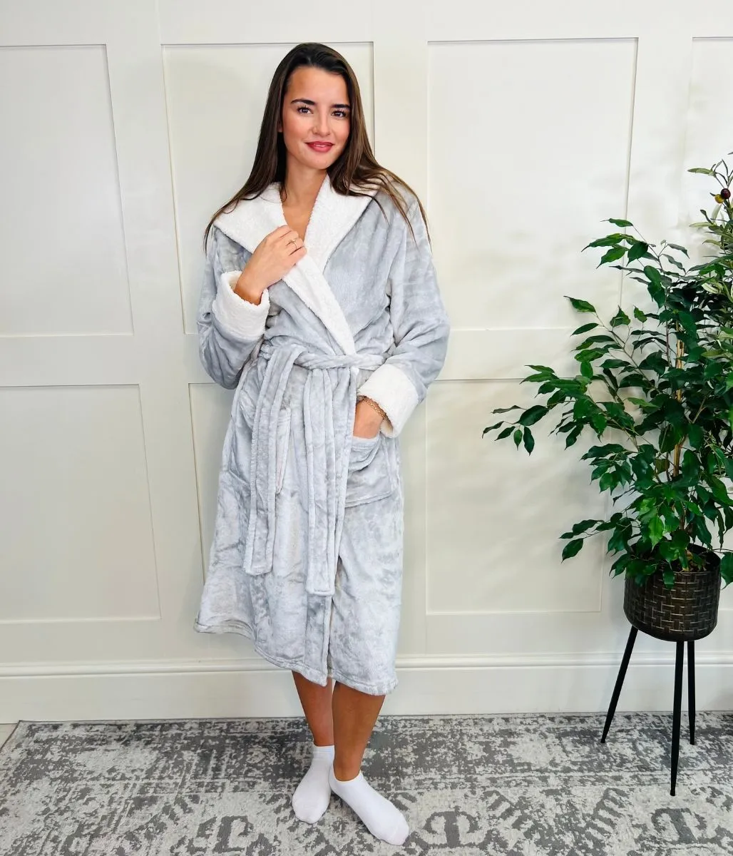 Grey Soft Fleece Hooded Dressing Gown