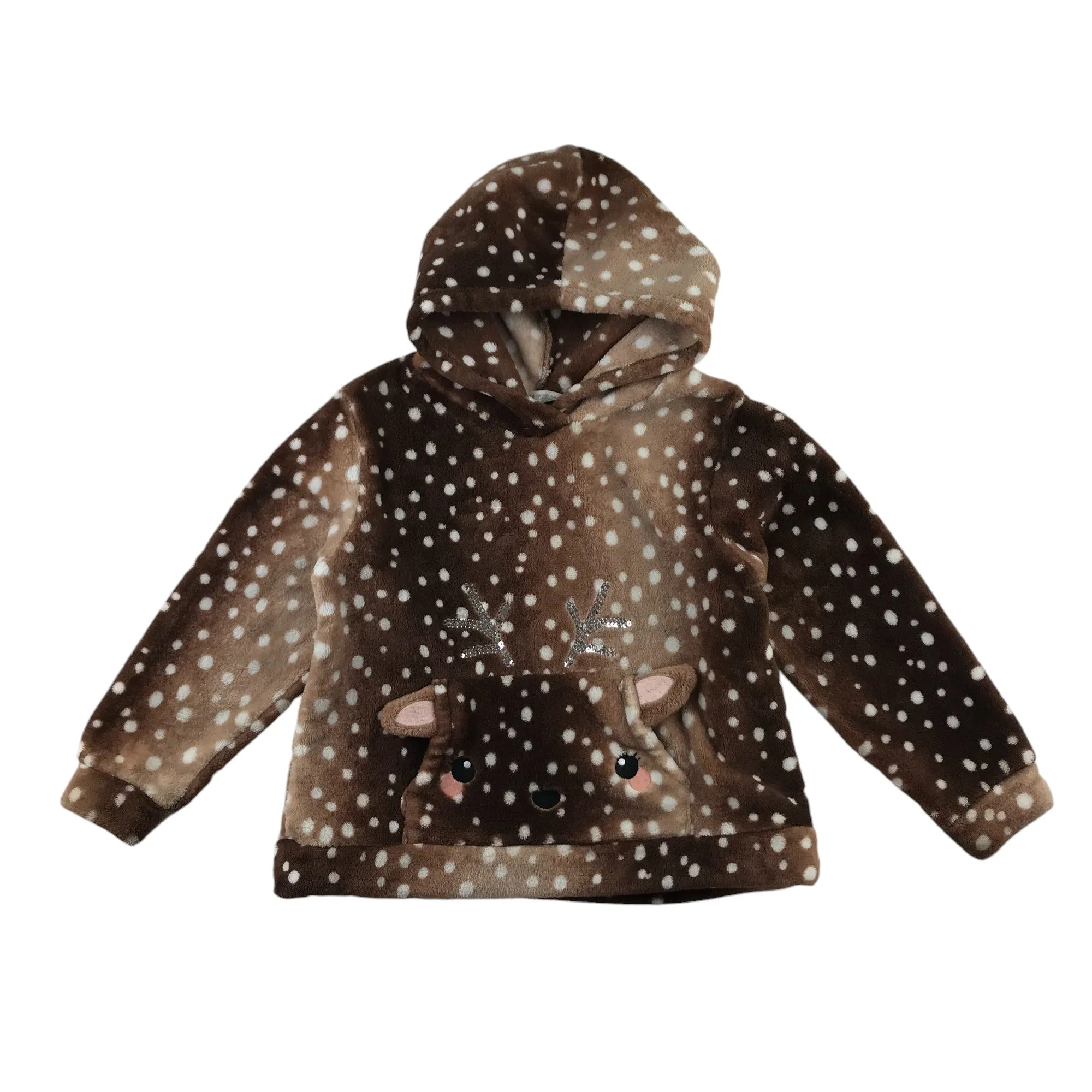 H&M hoodie 6-7 years brown fluffy deer face and sequin details