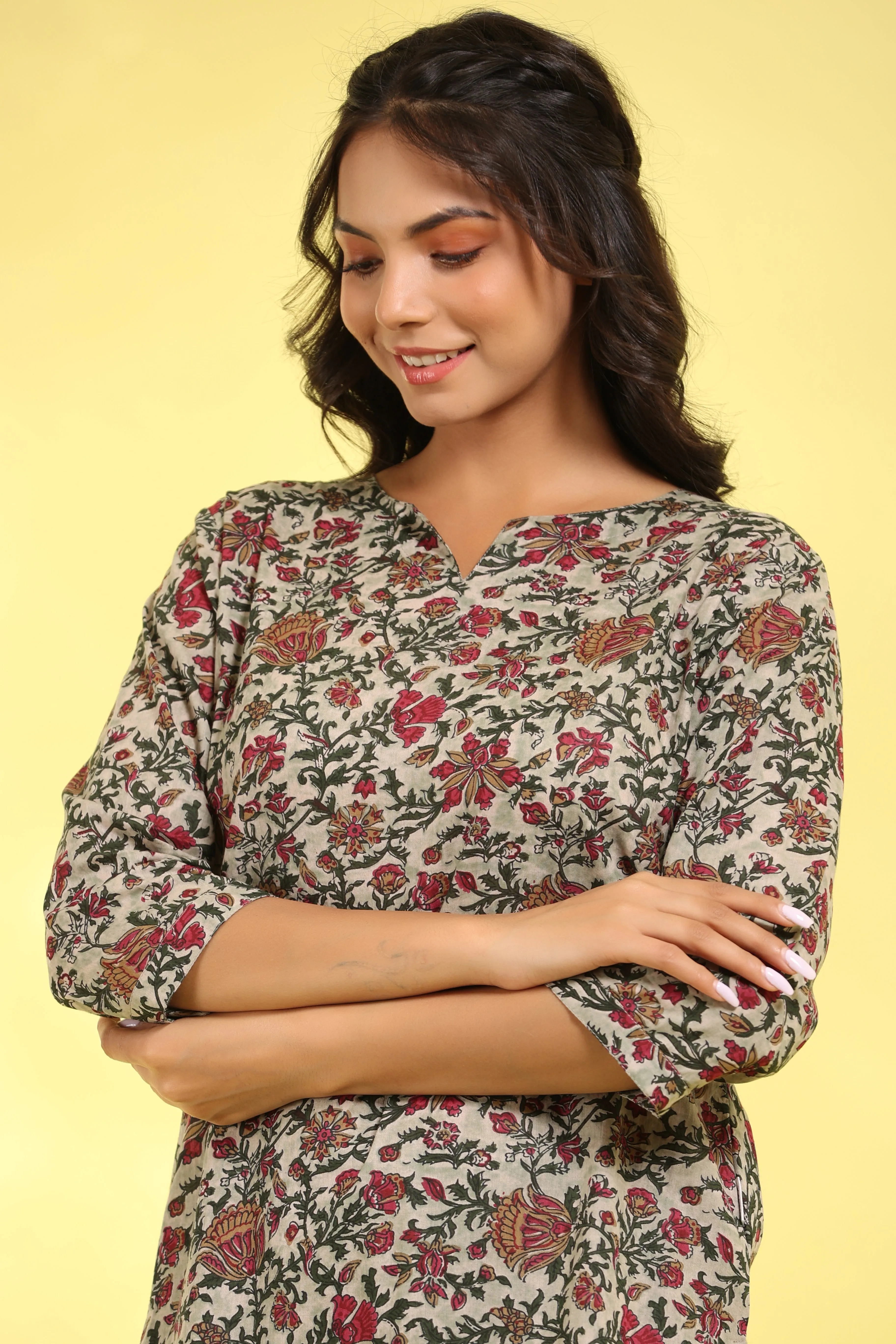 Jaipuri Floral Striped Cotton Loungewear Top Set