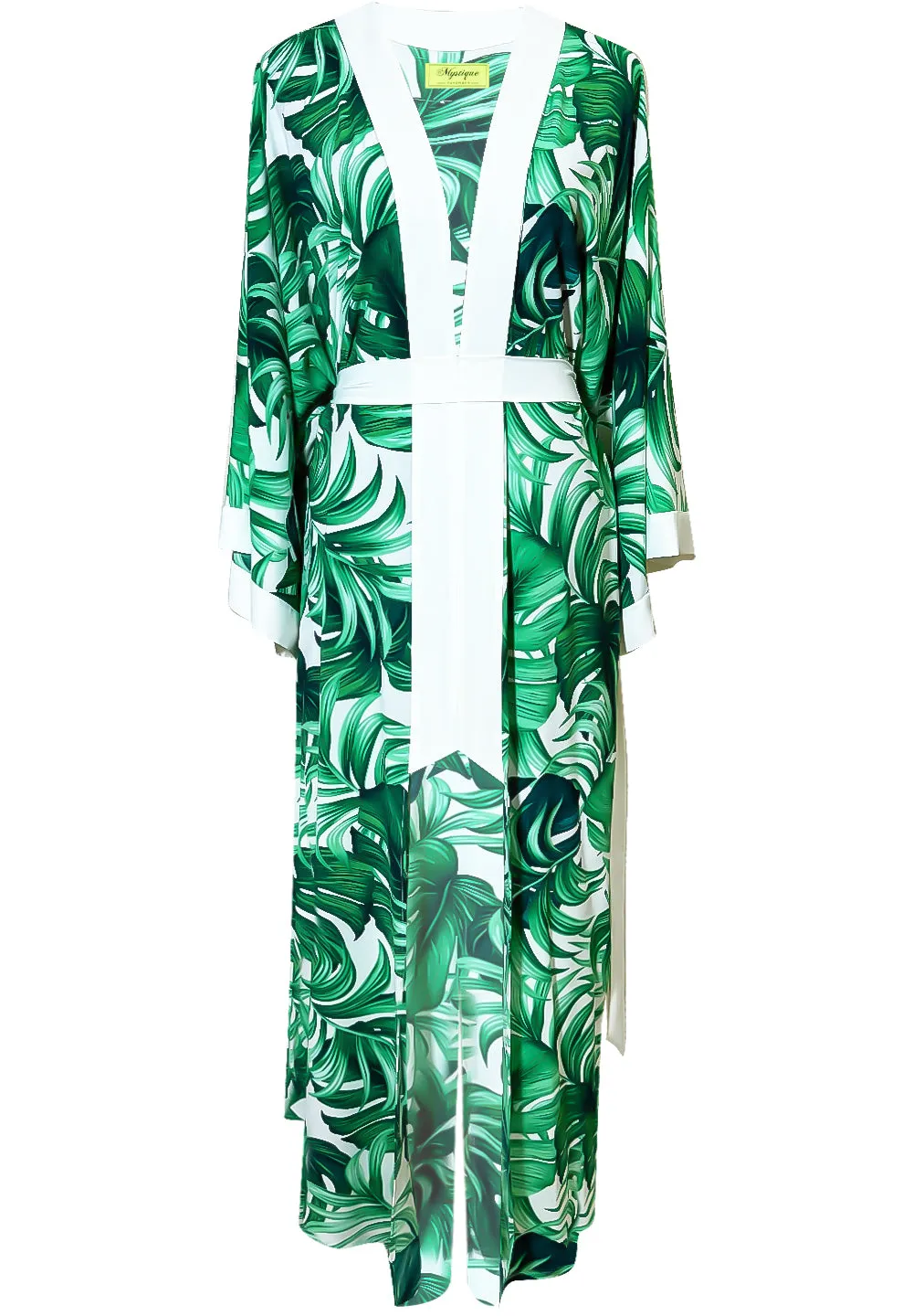 Jungle – Monstera White / Green Maxi Split Kaftan (Off-White)