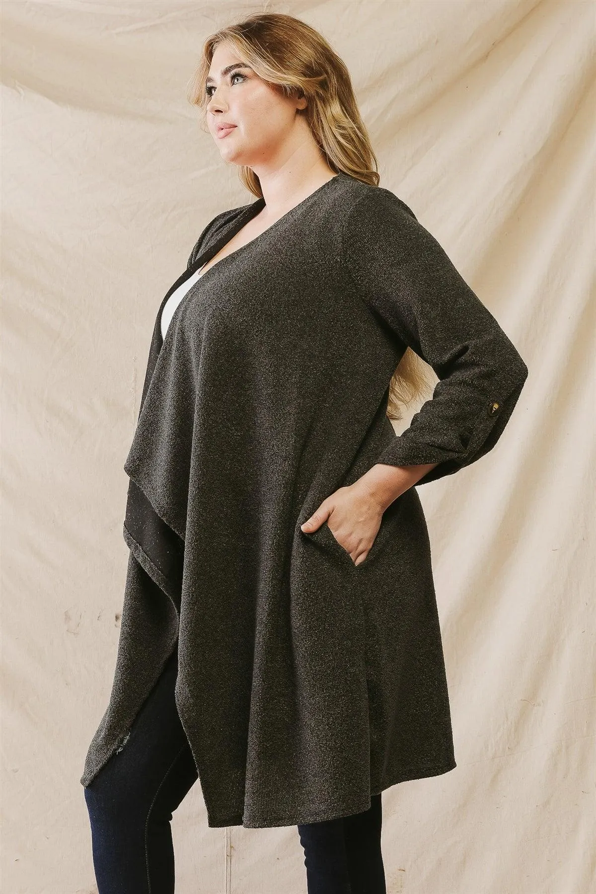 Junior Plus Charcoal Black Open Front Asymmetrical Hem Long Sleeve Relax Cardigan /1-1-1