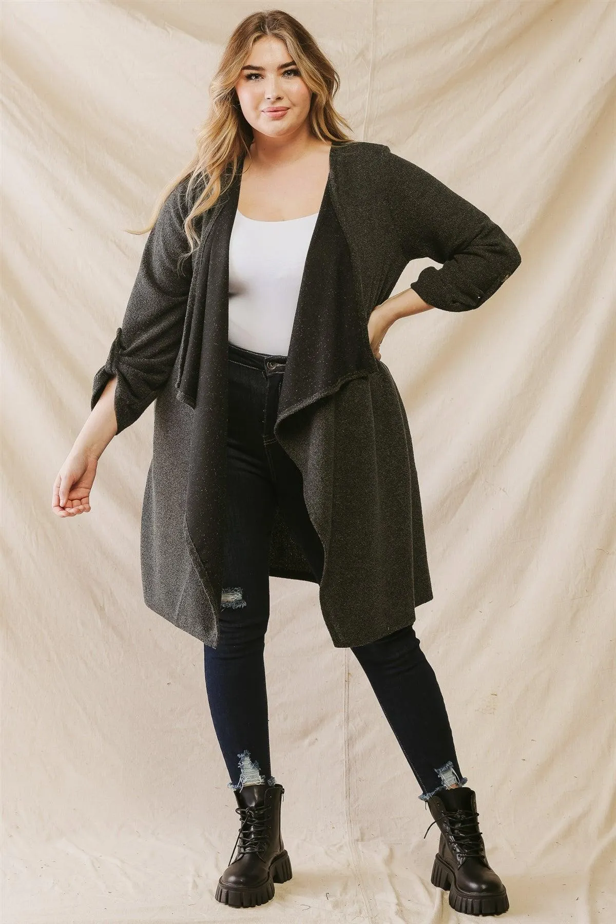 Junior Plus Charcoal Black Open Front Asymmetrical Hem Long Sleeve Relax Cardigan /1-1-1