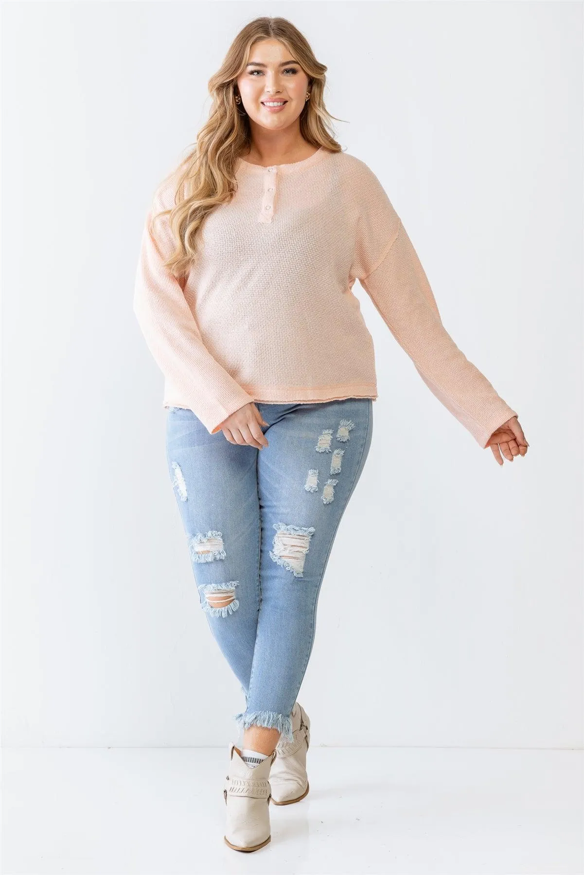 Junior Plus Peach Knit Button-Up Long Sleeve Top /3-2-1