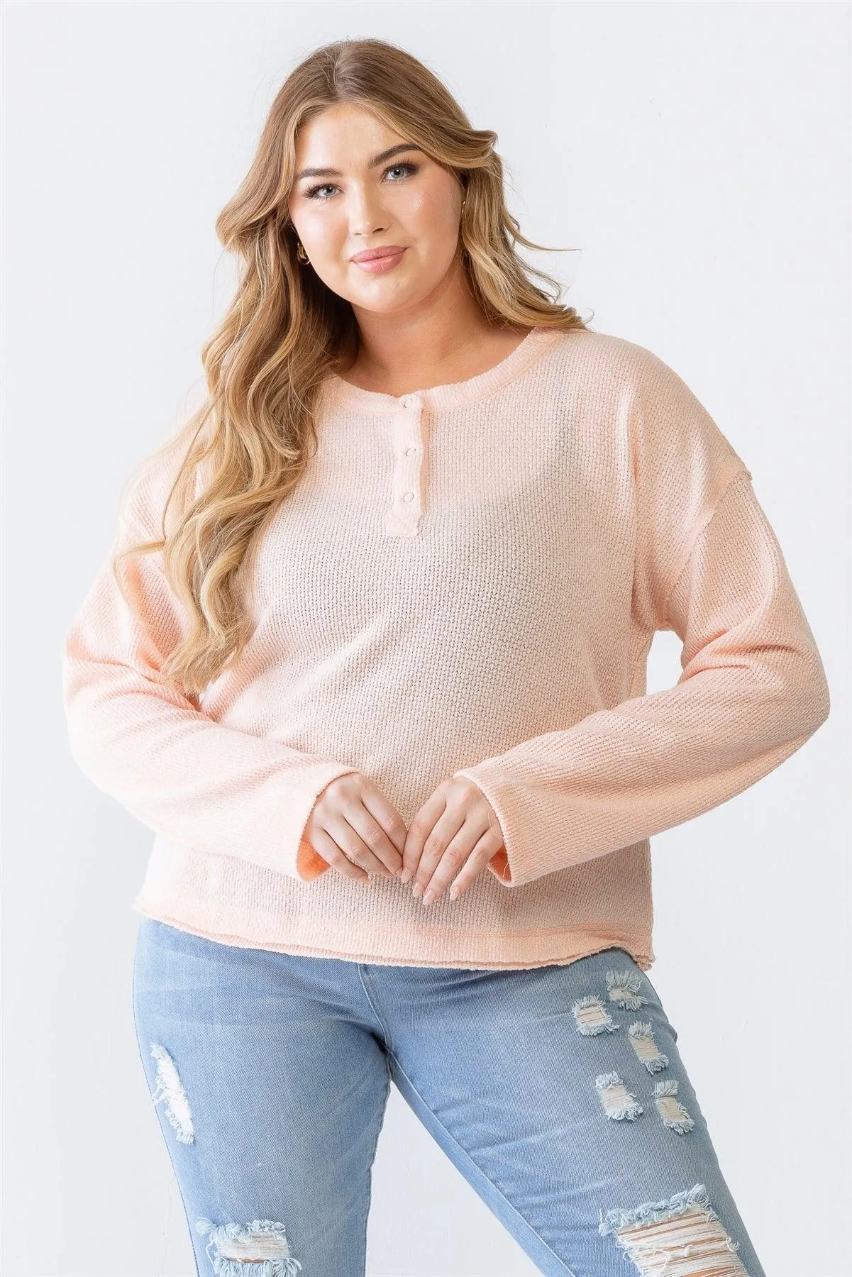 Junior Plus Peach Knit Button-Up Long Sleeve Top /3-2-1