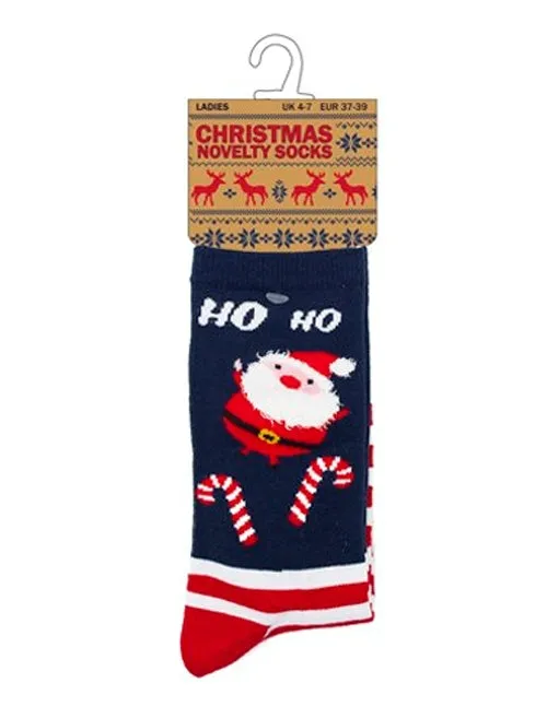 Ladies Estella Ho Ho Santa Novelty Christmas Socks in Navy