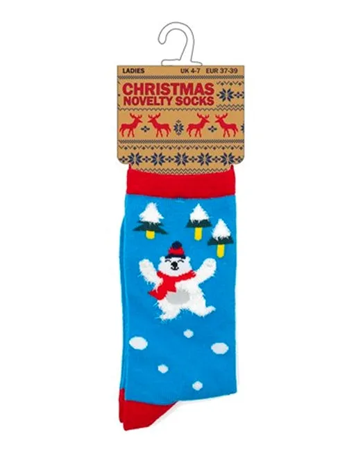 Ladies Estella Polar Bear Novelty Christmas Socks in Light Blue