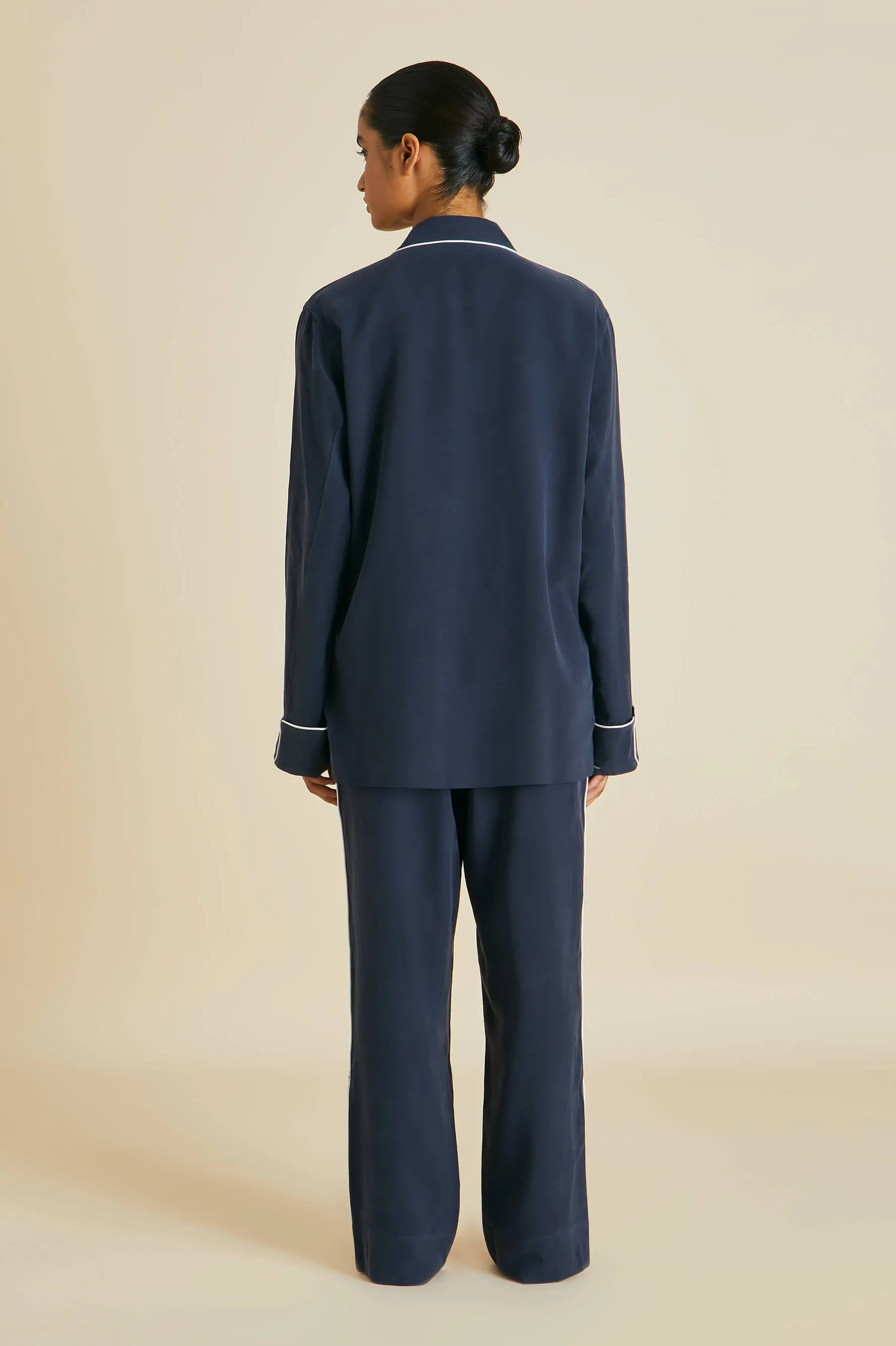 Laurent Navy Pyjama Set in Sandwashed Silk