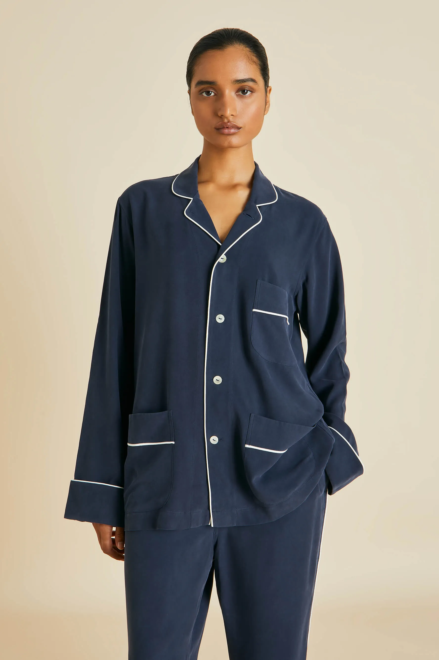 Laurent Navy Pyjama Set in Sandwashed Silk