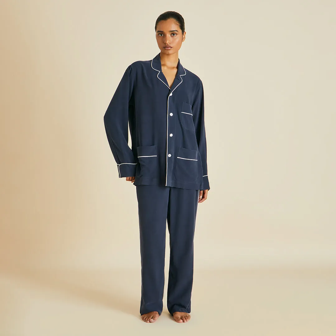 Laurent Navy Pyjama Set in Sandwashed Silk