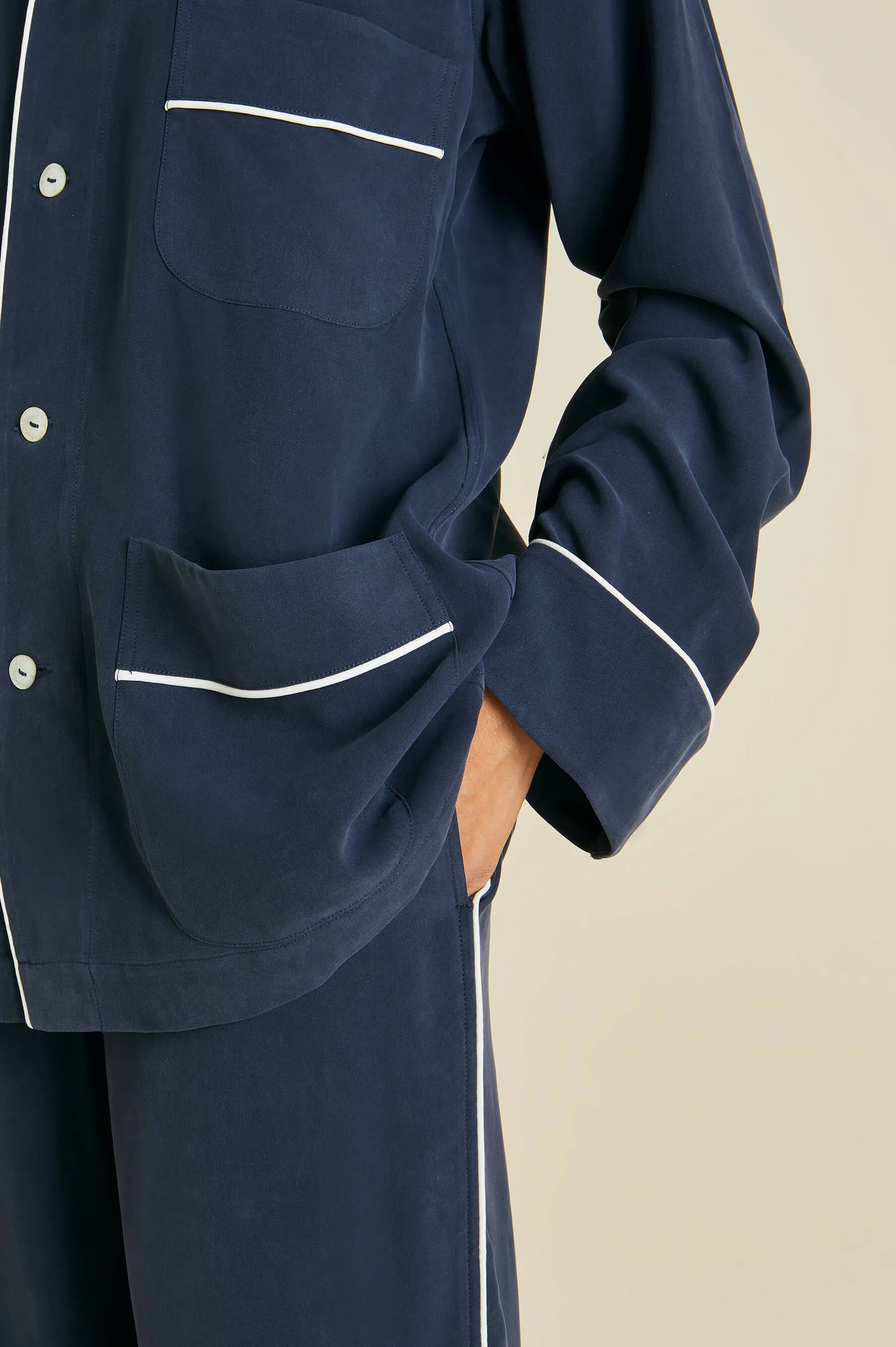 Laurent Navy Pyjama Set in Sandwashed Silk