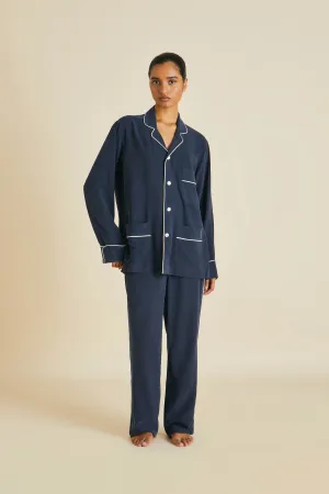 Laurent Navy Pyjama Set in Sandwashed Silk