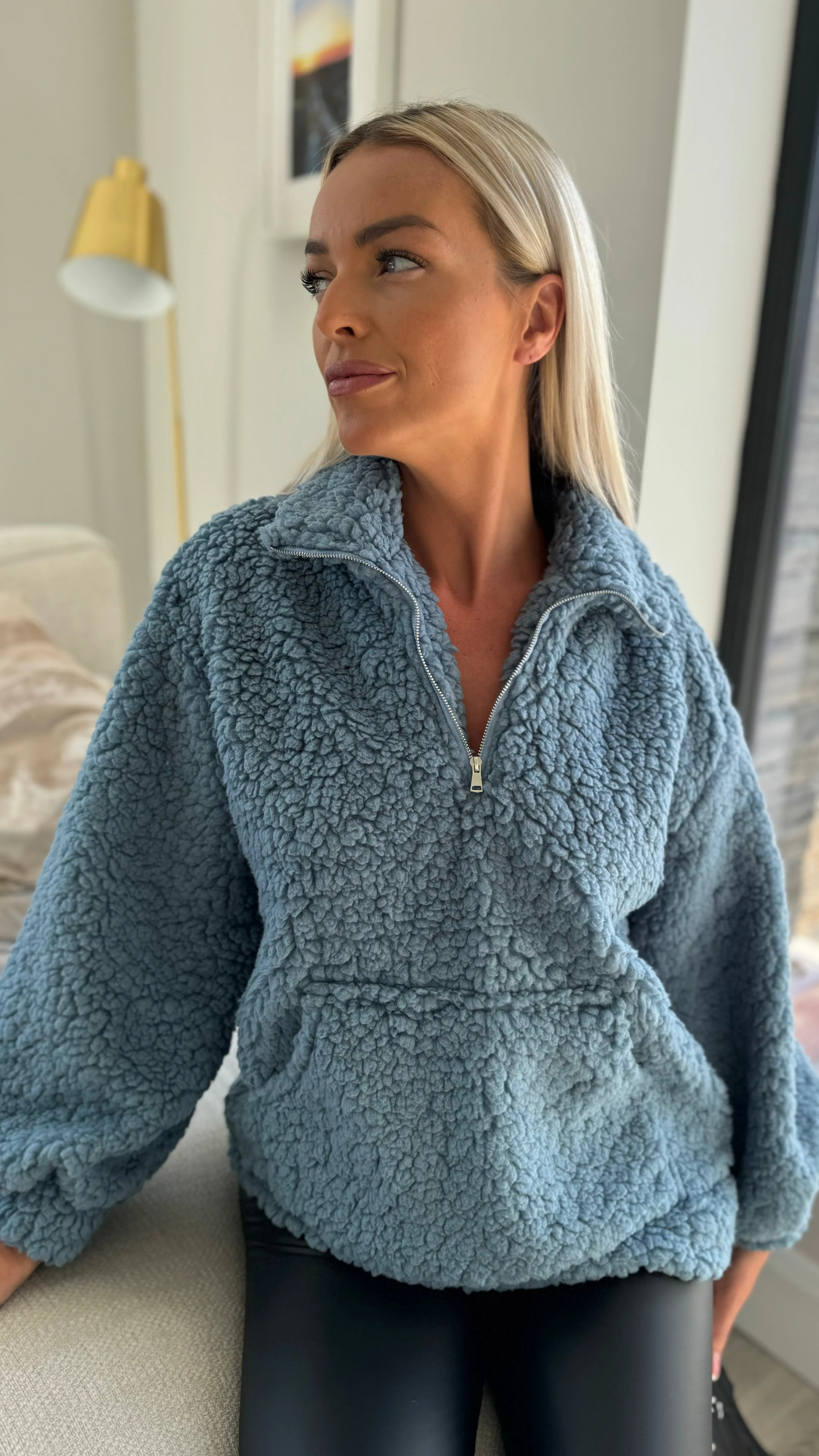 Layla Blue Teddy Style Half Zip Top