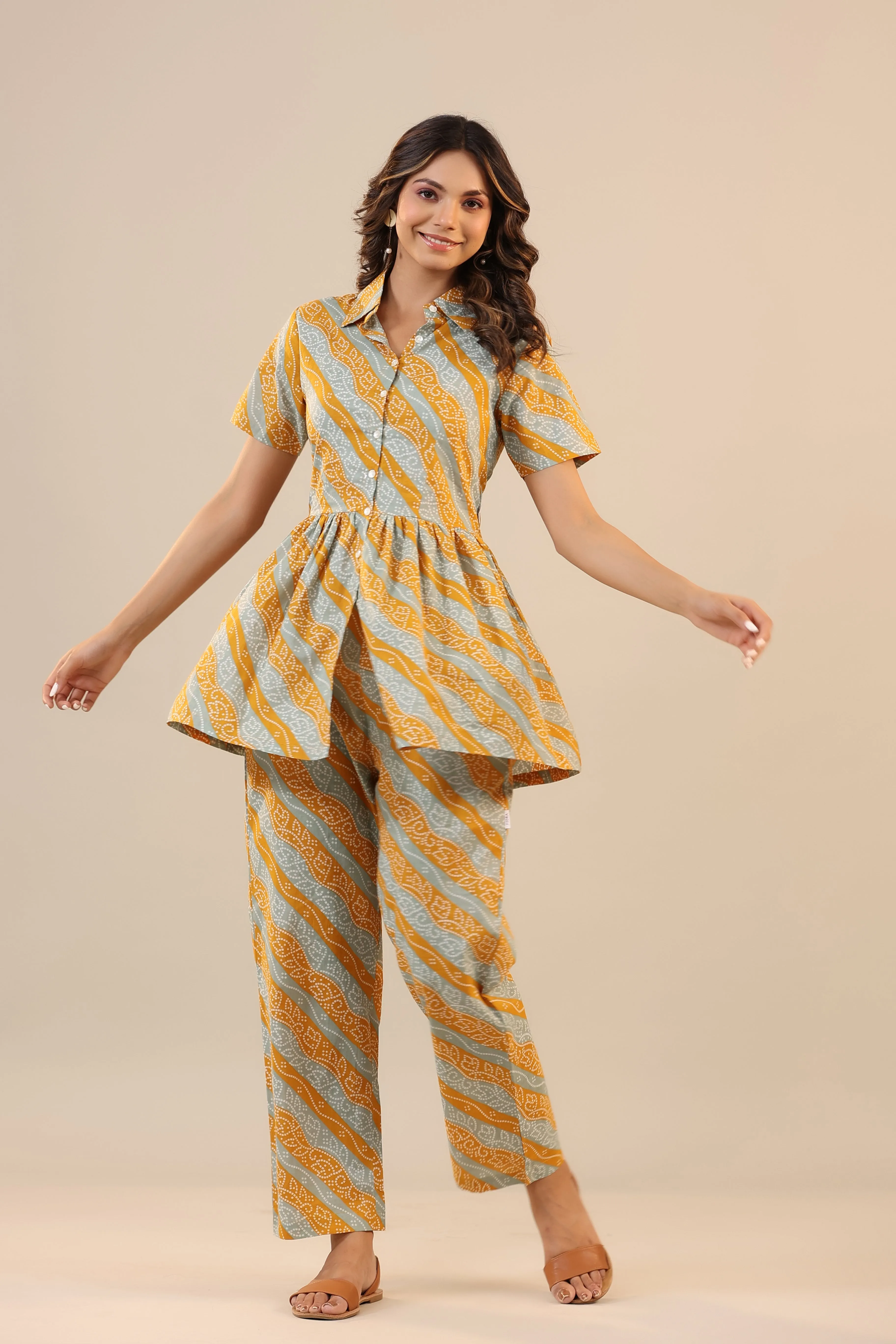 Lehariya with Bhandej on Cotton Peplum Loungewear Top Set