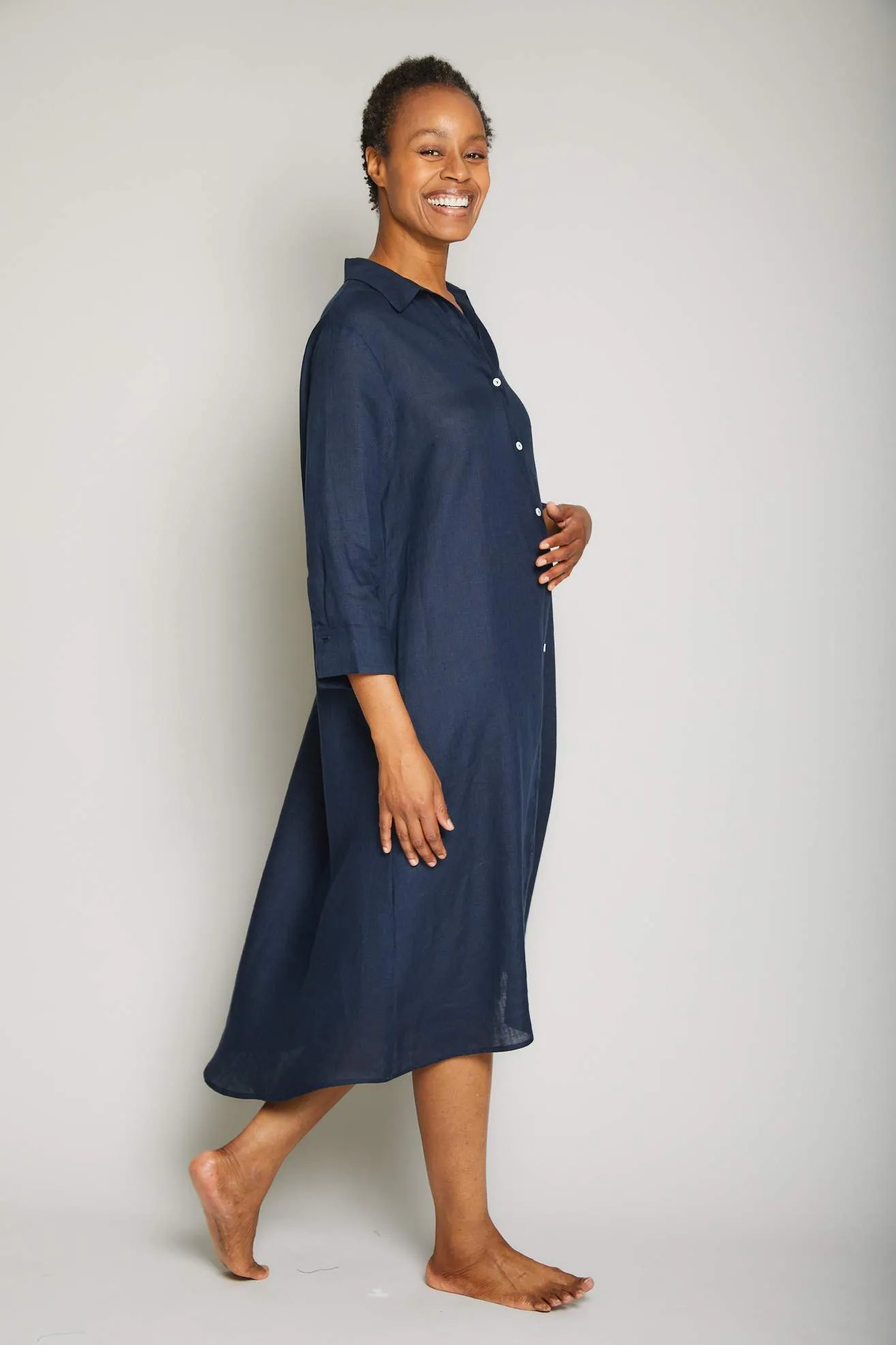 Linen Button Front Dress - Navy