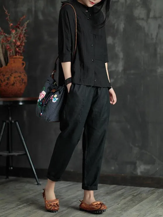 Loose Elastic Waist Ramie Cotton Pants