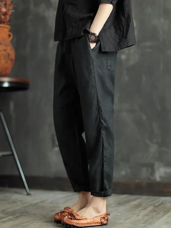 Loose Elastic Waist Ramie Cotton Pants