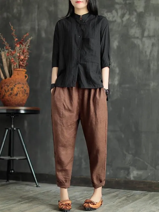 Loose Elastic Waist Ramie Cotton Pants