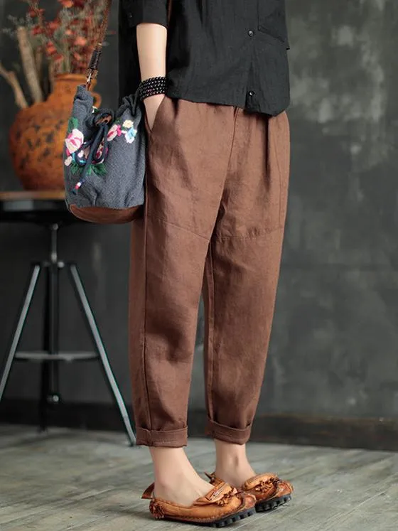 Loose Elastic Waist Ramie Cotton Pants