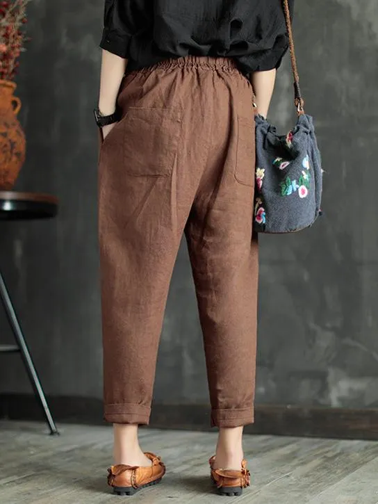 Loose Elastic Waist Ramie Cotton Pants