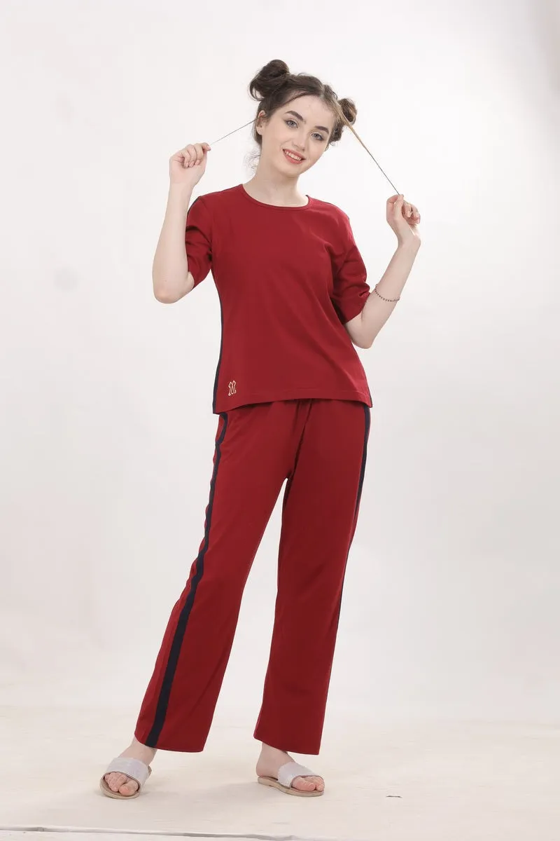 Maroon With Navy Blue Side Strip Nightwear MX_CSS04