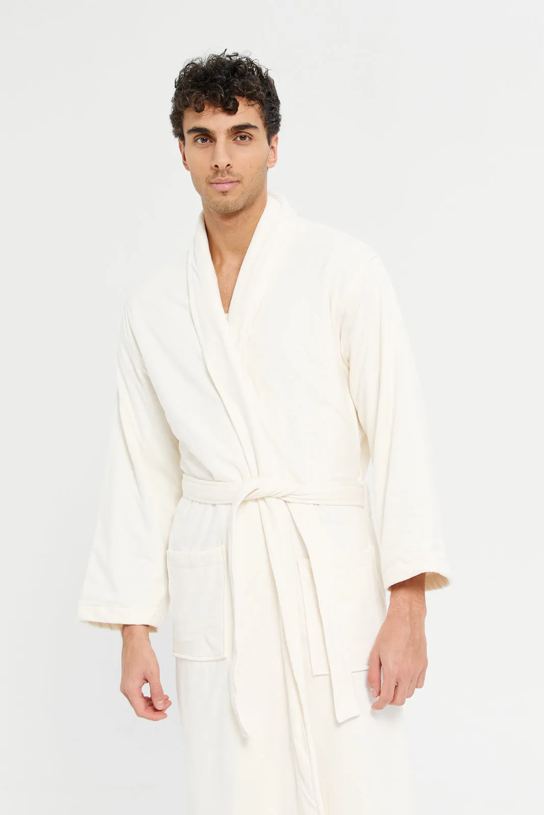 Men Cream Knitted Bathrobe