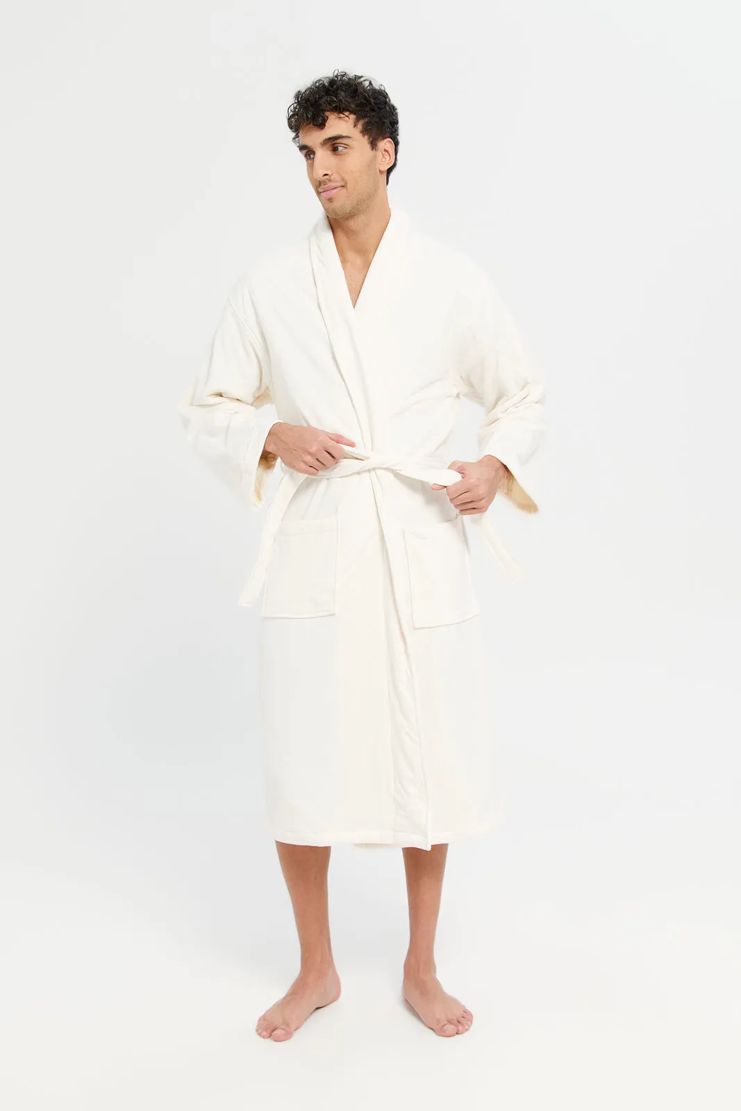 Men Cream Knitted Bathrobe