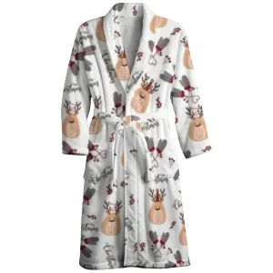 Mens Belt Christams Deer Print Fleece Lounge Robe