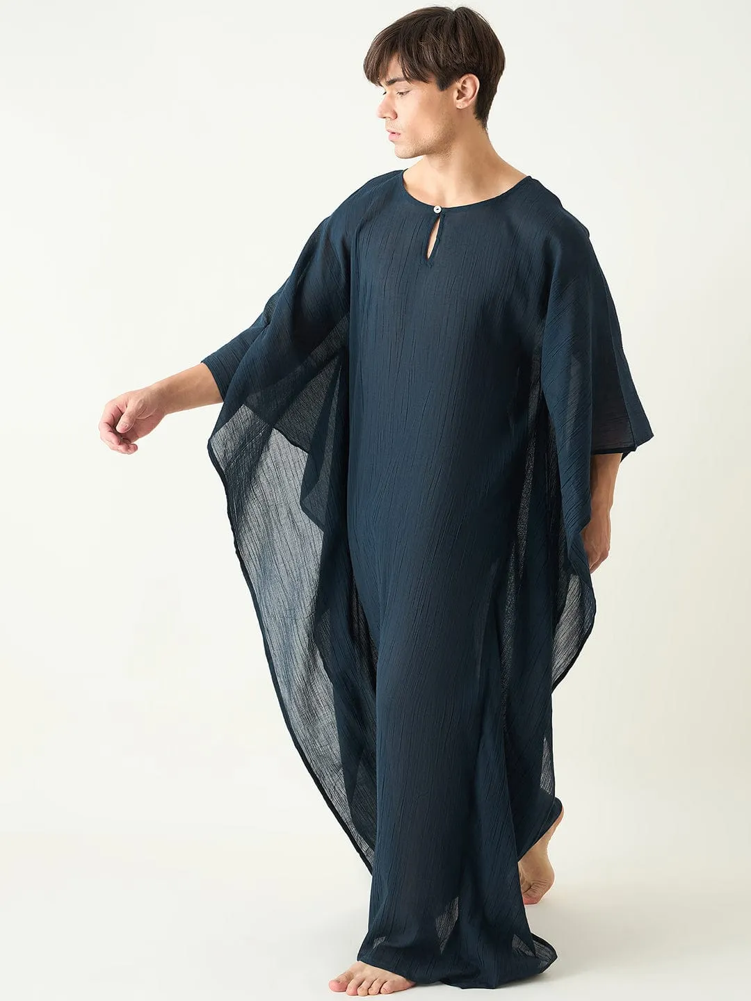 Mens Blue Textured Loungewear Kaftan Gown