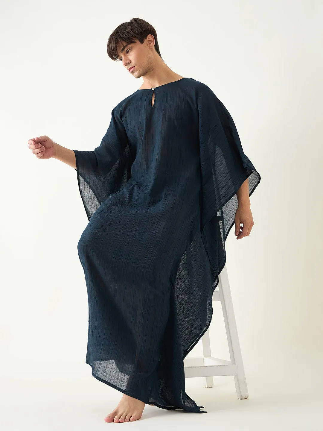 Mens Blue Textured Loungewear Kaftan Gown