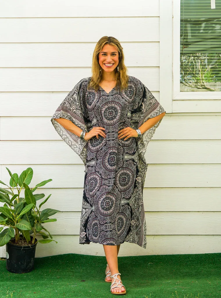 Monochrome Mandala Kimono Kaftan Dress