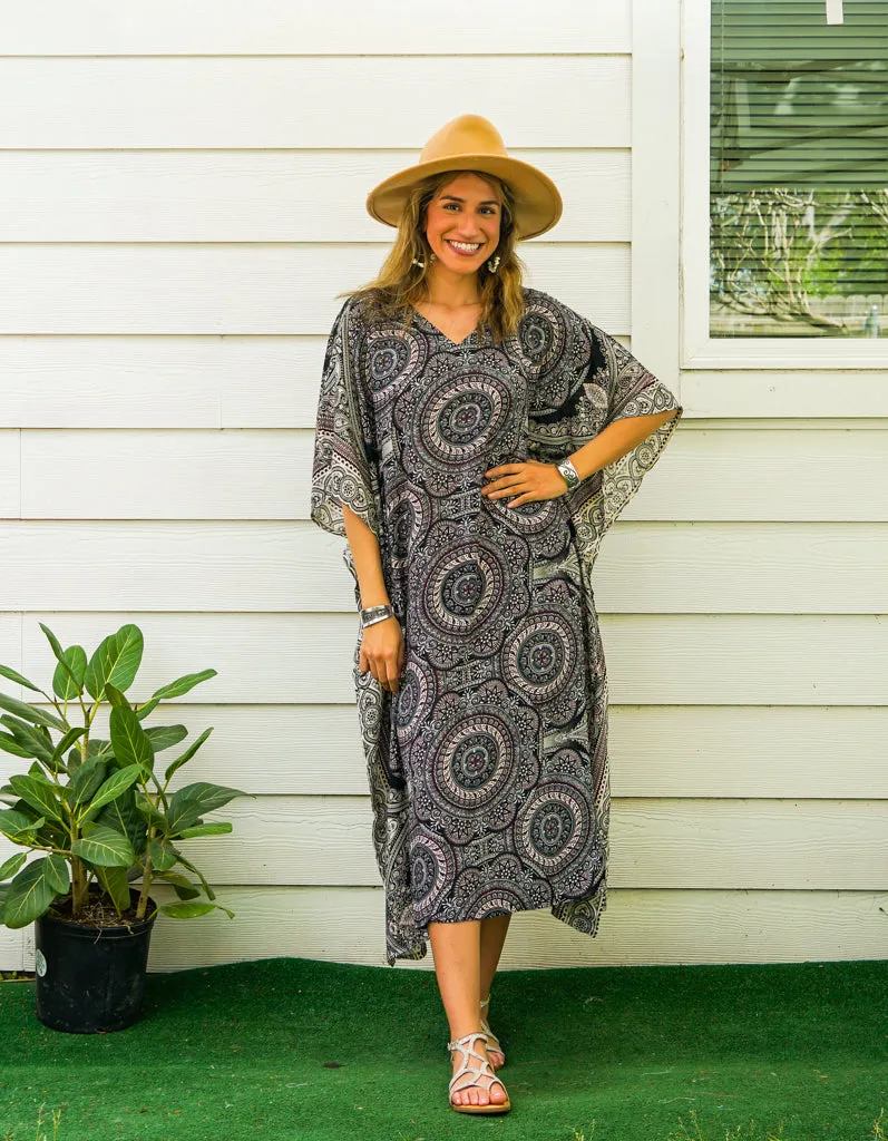 Monochrome Mandala Kimono Kaftan Dress