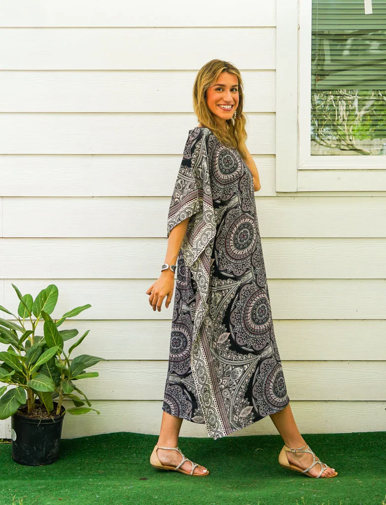 Monochrome Mandala Kimono Kaftan Dress