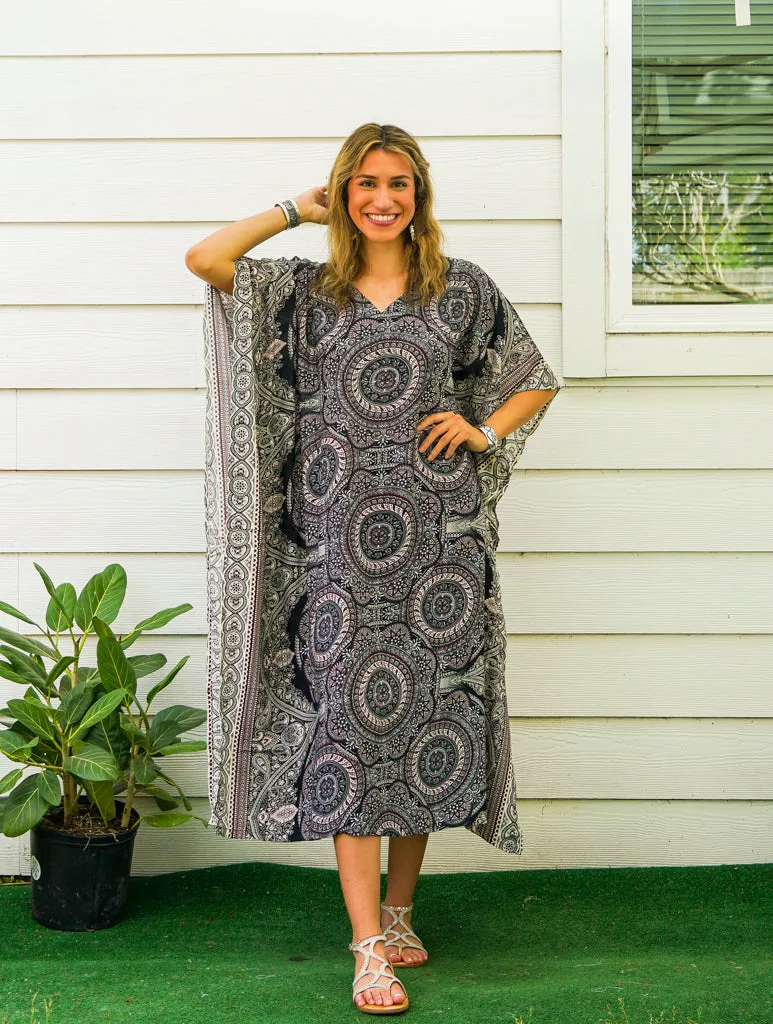 Monochrome Mandala Kimono Kaftan Dress