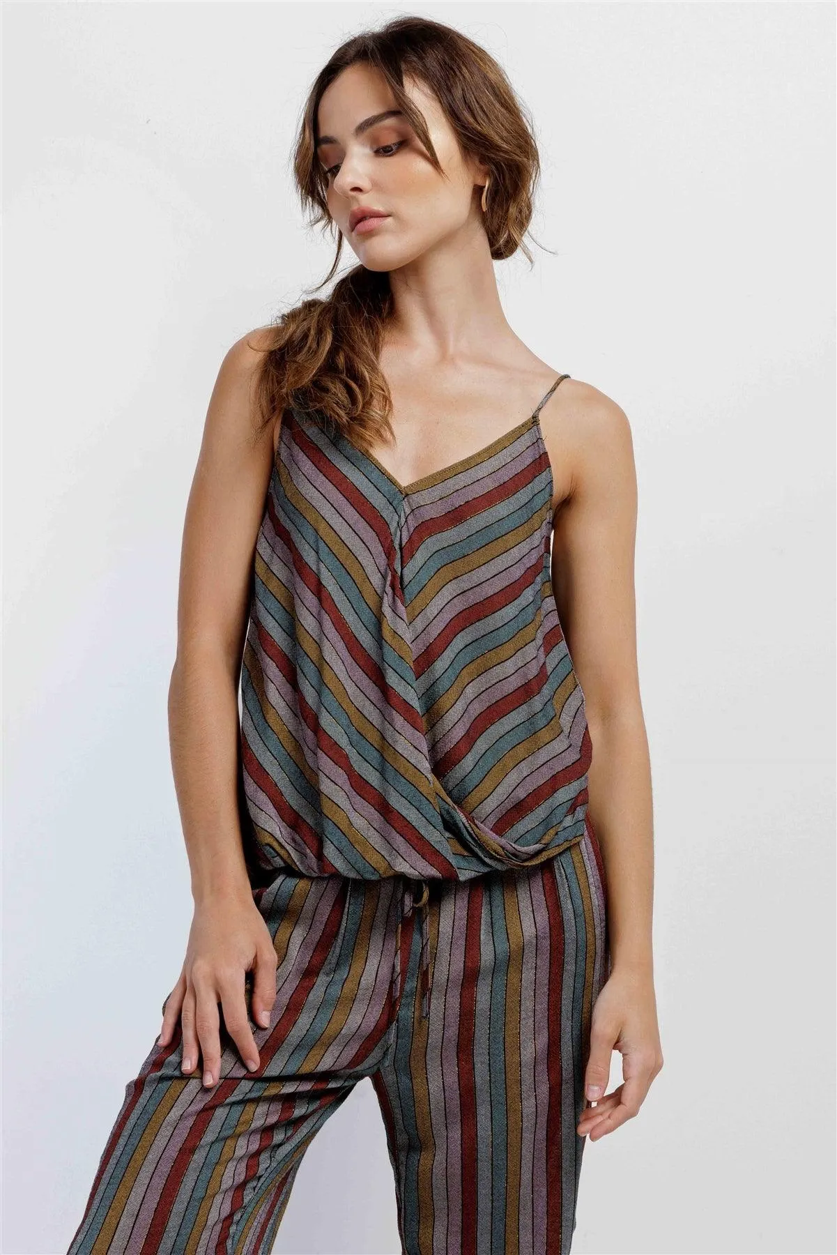 Multi Stripe V-Neck High-Low Cami & Side Slit Harem Pant Set  /3-2-1