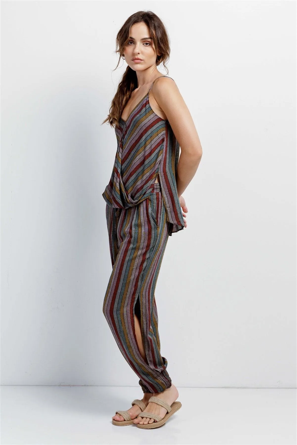 Multi Stripe V-Neck High-Low Cami & Side Slit Harem Pant Set  /3-2-1