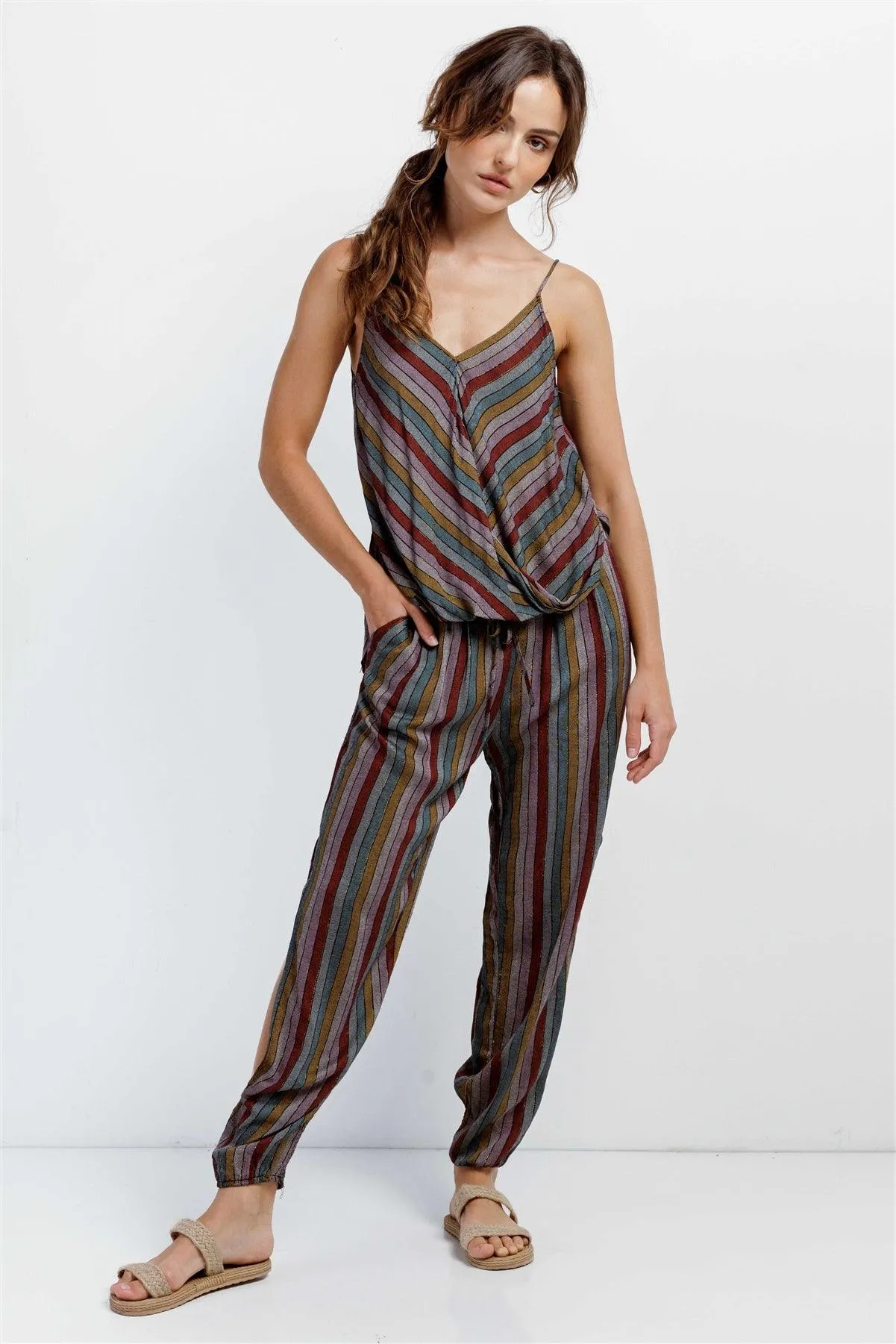 Multi Stripe V-Neck High-Low Cami & Side Slit Harem Pant Set  /3-2-1