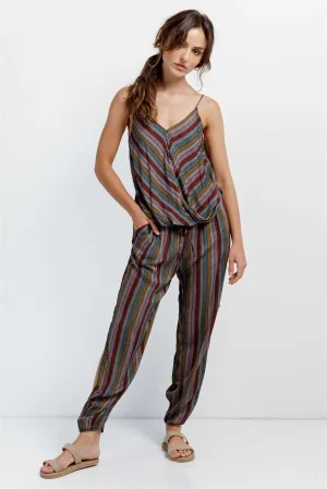 Multi Stripe V-Neck High-Low Cami & Side Slit Harem Pant Set  /3-2-1