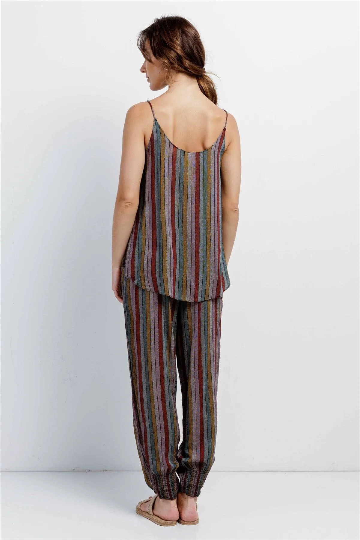 Multi Stripe V-Neck High-Low Cami & Side Slit Harem Pant Set  /3-2-1