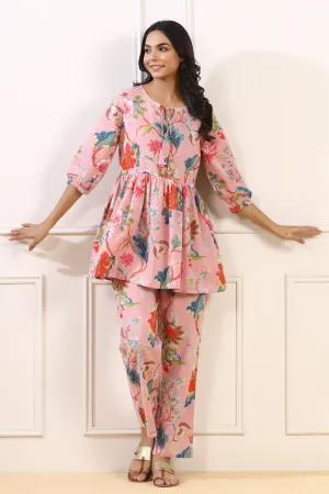 Multicoloured Jaal on Pink Cotton Peplum Loungewear Top Set